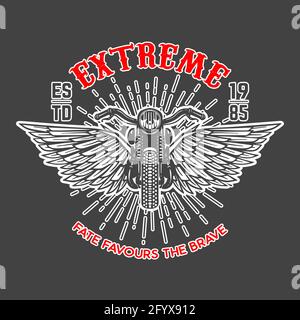 Extreme. Emblem template with winged motorcycle. Design element for logo, label, sign, emblem, poster. Vector illustration Stock Vector