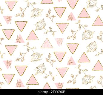 Triangle flower seamless pattern. Pink hand drawn triangles with gold contour for wedding card, mothers day, womans day. Feminine geometry background. Stock Vector