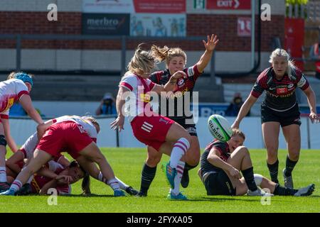 Gloucester, UK. 30th May, 2021. Dispute during the Allianz Premier 15s Final between Saracens Women and Harlequins Women at Kingsholm Stadium in Gloucester, England. Credit: SPP Sport Press Photo. /Alamy Live News Stock Photo