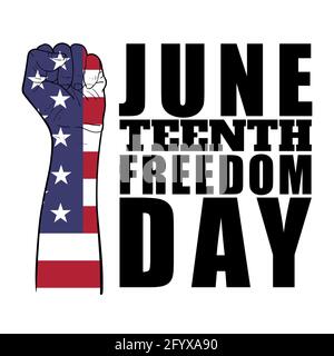 Human fist with flag of Liberia pattern with text, Juneteenth Independence Day. Freedom or Emancipation day. Annual american holiday, celebrated in Ju Stock Vector