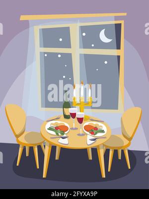 Interior of house dining room, table with chairs and kandles. Dishes and bottle of wine and glasses. Romantic date concept. Cartoon flat vector illust Stock Vector