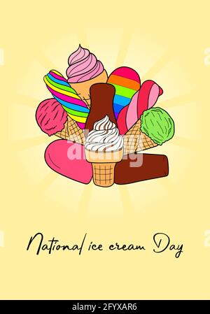 National Ice-cream Day. Holiday concept. Template for background, banner, card, poster with text inscription. Vector colorful illustration on yellow b Stock Vector