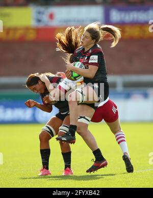 Saracens' Sophie de Goede claims the ball during the Allianz Premier 15s final at the Kingsholm Stadium, Gloucester. Picture date: Sunday May 30, 2021. Stock Photo