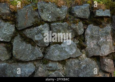 a wall of rough granite stones, with moss in the cracks Stock Photo