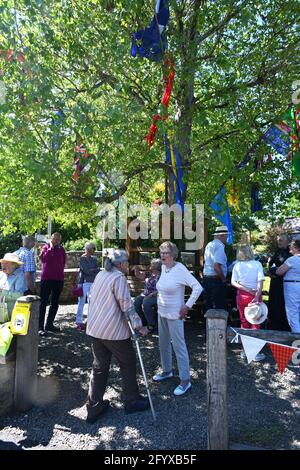 Aston on Clun, Shropshire, Uk. May 30th 2021. The changing of the flags in the south Shropshire village of Aston on Clun as part of the old Pagan 'Arbor Day' ritual of dressing the Black Poplar tree in the centre of the village. The tree is freshly dressed with flags, which then remain on the tree throughout the year and on the last Sunday in May the villagers gather around the tree to celebrate Arbor Day. Once a common festival throughout England, now Aston on Clun is the only village still keeping the tradition going. PICTURE BY DAVE BAGNALL Stock Photo