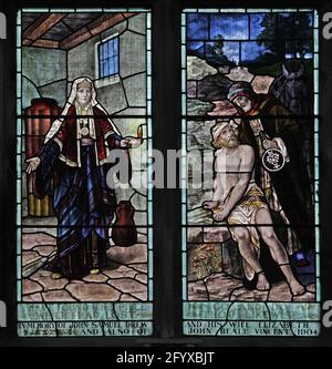 Stained glass window depicting The Parables of the Lost Sheep and Good Samaritan, Lady St Mary  Church, Wareham, Dorset