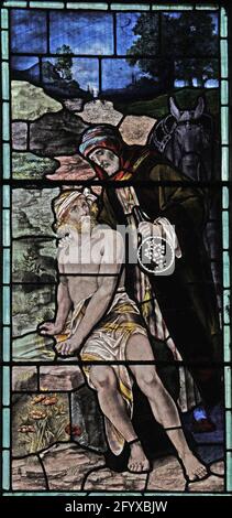 Stained glass window depicting The Good Smaritan, Lady St Mary  Church, Wareham, Dorset