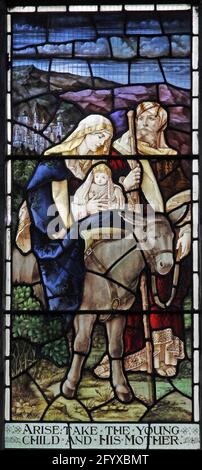 Stained glass window depicting The Flight into Egypt, Lady St Mary  Church, Wareham, Dorset Stock Photo