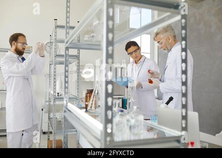 Group of scientists analyzing test sample conducting chemical experiment in lab Stock Photo