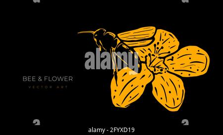 Vector illustration of flying bee and flower isolated on black background. Modern wall art, poster or art cover. Stock Vector