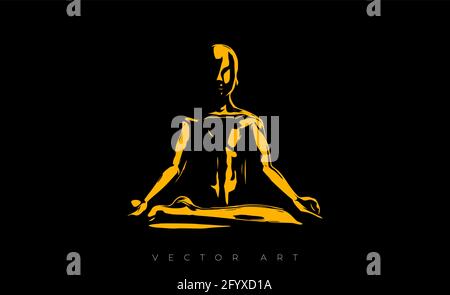 Vector illustration of a man who sits in the lotus position and meditates. The image of a man doing yoga. Modern wall art, poster or cover art. Stock Vector