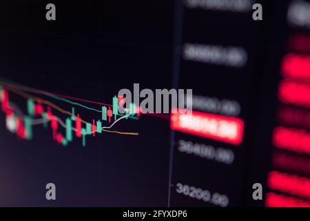 Close up of Bitcoin and Cryptocurrency stock market exchange candlestick chart Stock Photo