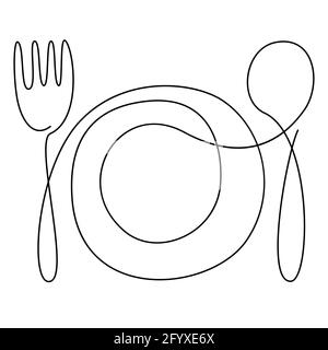 Continuous line art, doodle. Kitchen utensils, tableware. One Line Drawing. Plate fork spoon. Continuous line Stock Vector