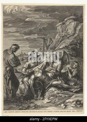 Paid of Christ. The command of Dead Body of Christ by Maria, Maria Magdalena, Johannes and Engel. In the background the Calvarieberg. There is a Latin fresh under the show. Stock Photo