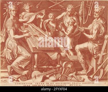 Musica (music); The seven liberal arts. Musica makes music together with a boy and an old man. She plays harpsichly the others playing on the lute. An old woman continued with two boys the melody on a sheet of sheet music. Different types of instruments lie on the ground and hang on the wall. Stock Photo