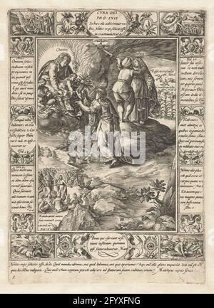 Care of God for hiss; Cura dei Pro Suis; Allegories of the Christian faith. Series of ten (originally twelve) allegories of the Christian faith. Each of the allegories consists of a central representation with a frame in which quotes from the Bible are combined with the imagination of certain events from the Bible. In the margin down two Latin lines and number 5. Stock Photo