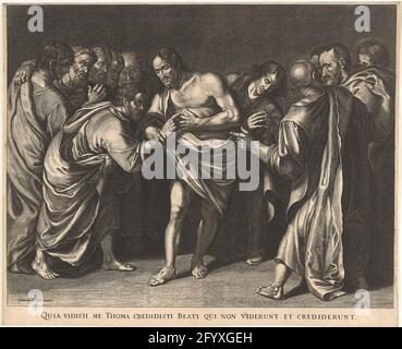 Unbeliever Thomas touches Christ's wound. Christ shows Thomas his ...