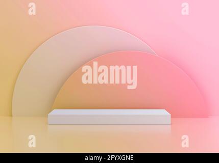 Big pedestal for product display on funny colorful circles pink and yellow background for summer sunny. Empty podium platform. 3D Rendering. Stock Photo