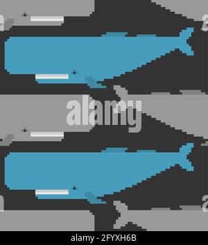 Sperm whale pixel art 8 bit pattern seamless. pixelated cachalot big whale background Stock Vector