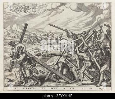Let your will be done on Earth as in heaven / give us the bread that we need / forgive us our debts, as we have forgiven who were something guilty / do not bring us into trial; Our father. Two blades with two prints from a series, originally bound as a album. First magazine, above: men and women carry their cross and follow Christ who is leading to his cross. In the clouds God the Father surrounded by angels. The Latin caption is part of the prayer it our Father. First leaf under: men and women are in the church on the floor and listen to a sermon of the priest. In the background at the altar, Stock Photo