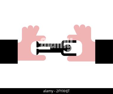 Two big hands are dividing small man. concept of fighting for specialist Stock Vector