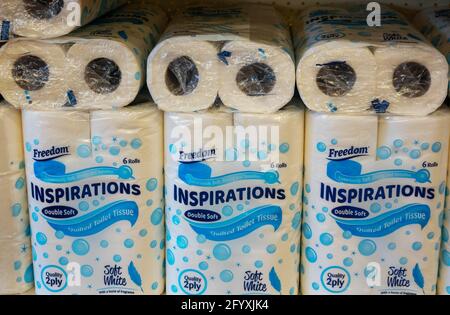 6-pack rolls of double-soft toilet tissue on sale in a supermarket in England Stock Photo