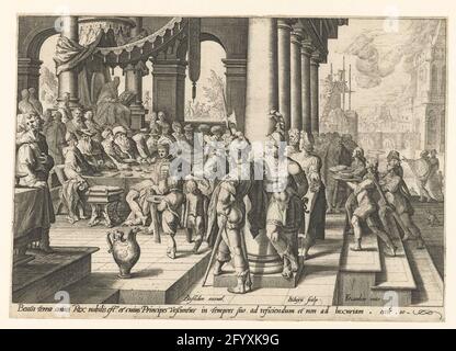 Allegory on the good condition; The country whose son of noble descent is the king. In a porch there is a man on a throne, a book on a desk next to him. A group of people uses a meal at his feet. Servants come true. In the background you can see that exterior constructive activities are going: it is sown, plowed and a tower built or repaired. Under the show a line Latin text (eccles. 10: 17-18). Stock Photo
