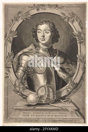 Portrait of Peter I the Great, Tsar of Russia in Harness. Bust of Peter the Great with Harness in an oval list decorated with leaf raft. Before the list are a stone base, a crown, scepter and a rich apple. Under the show a Dutch verse by Samuel Sylvius on the heroic deeds of the Tsar. Stock Photo