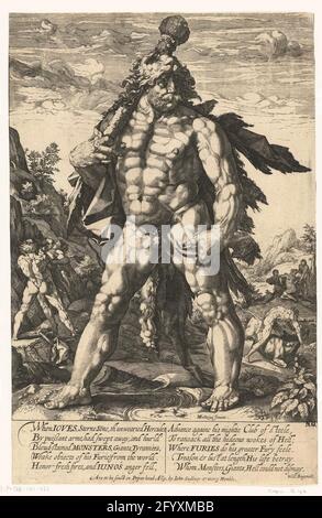 The Great Hercules; The Knollenman. Hercules with lion skin on the back and large clubs over the right shoulder, full, overly muscular, widely standing in a landscape in which references to his actions. Under the show a tuner text in English. Stock Photo