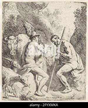 Mercury brings Argus asleep with his flute game. A scene from the metamorphoses of Ovid in which Mercury plays on his flute and falls asleep. This is done on behalf of Zeus because he wants to win his beloved io, present in the form of a white cow for himself. Stock Photo