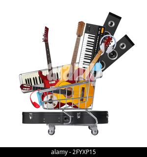 Stack pile collage of various musical instruments in shopping cart. Electric, acoustic and classic guitars, midi piano keyboard.. Store online shop st Stock Photo