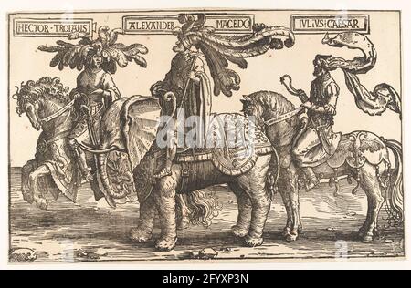 The heroes Hector of Troy, Alexander the Great and Julius Caesar; The nine heroes. One of three woodcuts, part of Frisian with nine heroes. Three heroes from antiquity: Hector of Troje and Julius Caesar on horseback, Alexander the Great on an elephant. Above all three frame with name. Stock Photo
