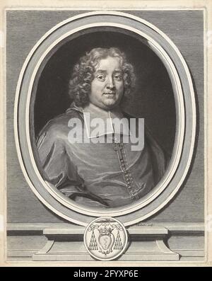 Portrait of Jean-Baptiste Michel Colbert. Portrait of Jean-Baptiste Michel Colbert (1640-1710), Archbishop of Toulouse, depicted in oval picture frame with weapon. Stock Photo