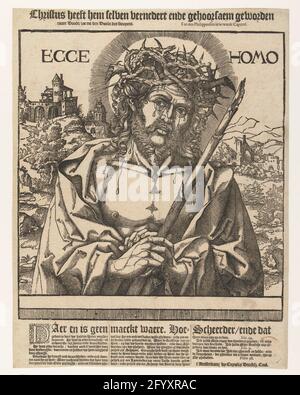 Man of sorrows; Ecce gay. Within the framework Christ in half in a landscape, cane in the hands and thorns crown on the head. Above the print two lines text in Dutch. Under the print Bible text in three columns in Dutch. Stock Photo