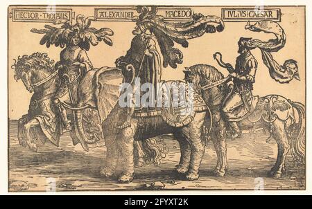 The heroes Hector of Troy, Alexander the Great and Julius Caesar; The nine heroes. One of three woodcuts, part of Frisian with nine heroes. Three heroes from antiquity: Hector of Troje and Julius Caesar on horseback, Alexandre de Great on an elephant. Above all three frame with name. Stock Photo