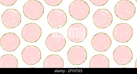 Circle seamless pattern. Pink hand drawn circles with gold contour for wedding card, mothers day, womans day. Feminine geometry background. Stock Vector