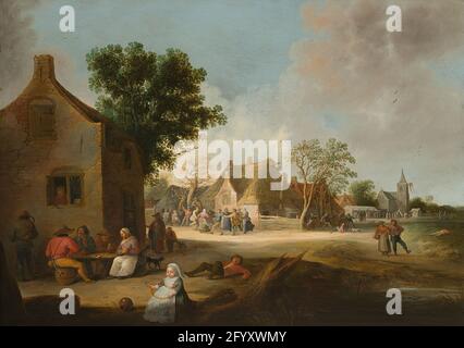 Country fair. Farm chance in a village. On the left a group around a table outside a inn. In the foreground a decent small child with a bite bar or rattle. Street back Dancing villagers in a circle, in addition being fought. In the distance stalls for a church. Stock Photo