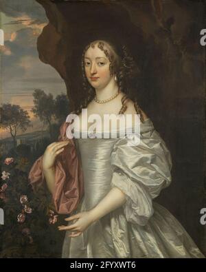 Portrait of Orliens Jacoba, Wife or Jacob de Witte or Haamstede. Portrait of orliens Jacoba, wife of Jacob de Witte van Haamstede. Hip, standing in front of a rock wall, left a rose bush. Pendant from SK-A-3021. Stock Photo