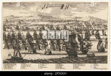 Conquest from Île de Noirmoutier by Admiraal Cornelis Tromp, 1674; Conquest of the Islands Bel-Isle and Narmoutiers by Den Admirael Cornelis Tromp. The conquest of the French peninsula Île de Noirmoutier by the Dutch fleet among Lieutenant Admiral Cornelis Tromp, Adriaen Banckert and Aert van Nes on July 4, 1674. View of the sea battle for the French coast. The Legenda 1-36 in the caption. Stock Photo