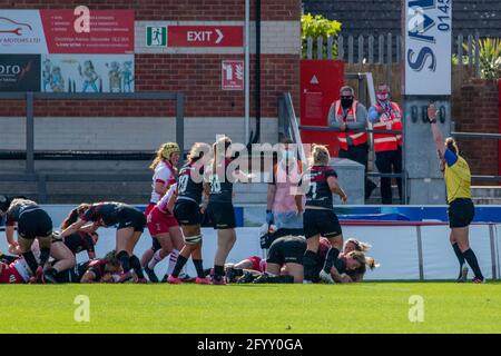 Gloucester, UK. 30th May, 2021. Sophie de Goede (4 Saracens Women) scores a try during the Allianz Premier 15s Final between Saracens Women and Harlequins Women at Kingsholm Stadium in Gloucester, England. Credit: SPP Sport Press Photo. /Alamy Live News Stock Photo
