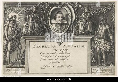 Portrait of Nicolas Vallet flanked by muses with musical instruments and Apollo with Lier and Mercury and title; Title page for: Nicolas Vallet, secretum musarum, 1615; SecretVM MVSARVM in Quo. In cartouche Nicolas Vallet portrait and his arm above rectangular table for title. The portrait is flanked by two muses playing on a lute and flute and ornaments with garlands. On either side are two mythological figures, Apollo with winch and sun rays and Mercury with winged helmet and caduceus. Stock Photo