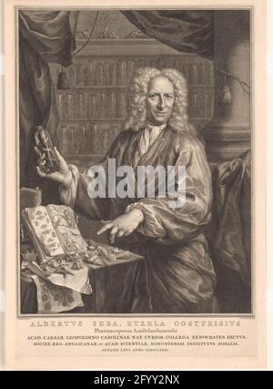 Portrait of Albertus Seba. Node from Albertus Seba at the age of 66, in his hand a glass bottle with a snake in it. He stands at a table on which shells, sheets of paper and a book that is open on the images of butterflies and other animals. In the background a cupboard with glass bottles with animals. Stock Photo
