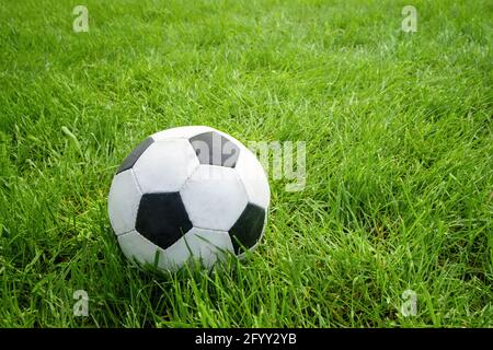 Football soccer ball on green grass field. Stock Photo