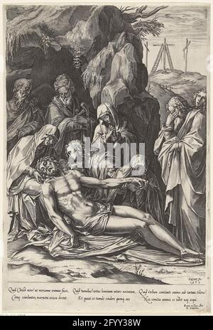 Paid of Christ. For a cave in a rock, the dead body of Christ is supported by Maria and two other women. Behind them Jozef from Arimathea and Nicodemus. The right is Johannes that covered his face. On the right in the background The Mount Golgotha with the empty crosses. Stock Photo