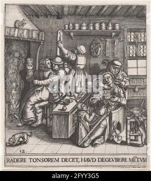 Shaving the crazy; Rader Tonsorem Decet, Haud Deglubere Metum; Emblemata Saecularia, 1596. There is a departure, left before the fire, a woman on the shot of a man who embraces her. In one hand she holds a glass of wine, the other puts them in his exhibition. The Waardin keeps the notch. In the foreground a man, which is referred to by his narrestone, is shaved by a barber. "Shaving the Zot" in the 16th century was a usual ritual in narren festivals: the shaving of criminals, vagabonds and madmen, so that they were recognizable as such. Emblem no. 33 in emblemata saecularia, 1596 and no. 12 in Stock Photo
