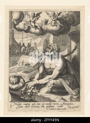 Manasse as a repentant sinner; Eight repentant sinners from the old and New Testament. Manasse, glued to neck, hands and feet near a bridge. There is a crown for him - a reference to his kingship. In the background a scene from the life of Manasse: two men are fascinated over a bridge through a junk riders. Under the show a two-person Latin text. This print is part of a series of eight repentant sinners; Each print in this series consists of an image of a sinner, above him / her a number of (musician) angels in a cloud wreath, in the background a scene from the relevant sinner, under the repre Stock Photo