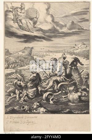 Neptune in Triomfvak calms sea during Trojan War. Neptune sits on triumphar pulled by four sea horses and accompanied by tritons or several men. The sea stage calms the sea that failed by Juno from revenge for the Trojans in storm. On the mainland, the Trojans still compete against the Greeks but the ships are on a calm sea on the coast. Stock Photo