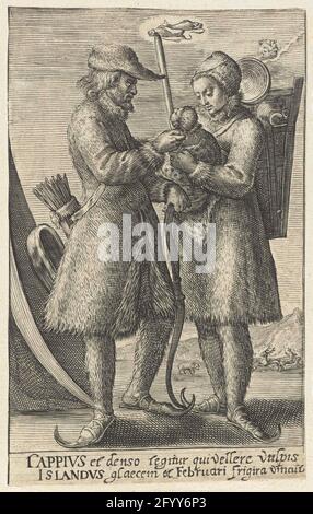 February: a few from Lapland; The twelve months with couples in costumes from different countries. Man and woman from Lapland, dressed in fur, fur hats on the head. Woman wears a baby in her arms and a wooden basket on her back. Above them the fish sign. In the margin a two-legged caption in Latin mentioned that the piece and the icelander who hull in a thick vossevel, overcome the cold of February. Print from a series of twelve months represented by signs of the zodiac and pairs that wear clothing from different countries. Stock Photo