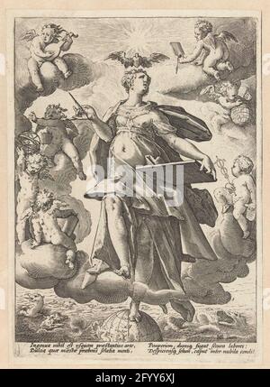 Allegory on art. A woman with a pen in one hand and a writing table or plate in the other hand balances with a foot on a globe. Around her angel with symbols of the seven liberal arts. Above her head a pigeon (or heart with wings). Under the show four lines of Latin. Stock Photo