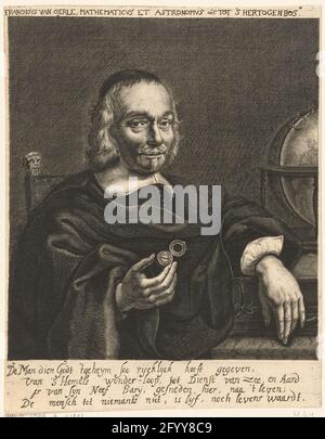 Portrait of François van Oerle. Portrait of François van Oerle sitting at a table, with a compass in his hand. There is a globe and books on the table. Under the show a verse of four rules in Dutch. Stock Photo